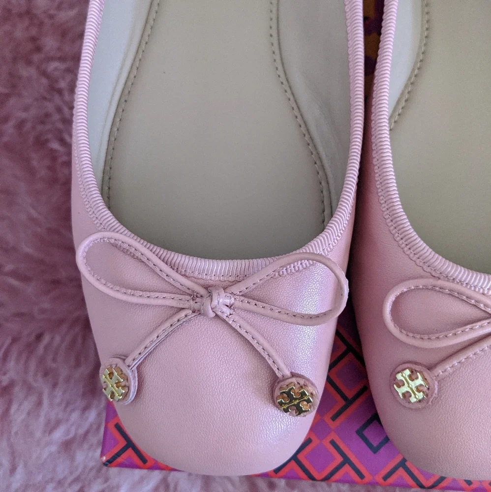 Tory Burch Pink Ballet Flats with Bow and Logo Charm